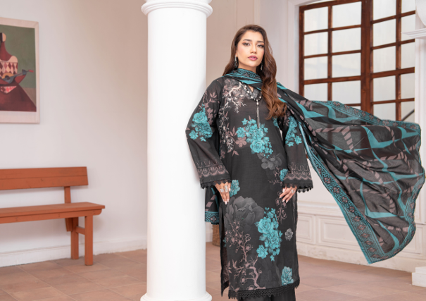 Black unstitched lawn suit with turquoise floral print