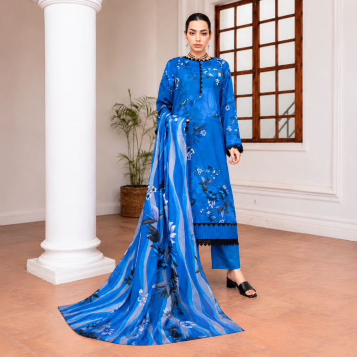 Royal blue unstitched lawn suit with floral print and lace trim