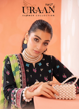 Black floral unstitched 3 piece lawn suit with cream lace border dupat