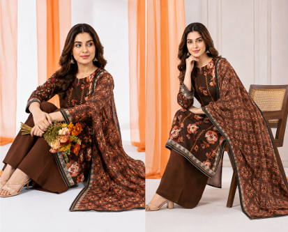 Rich brown 3-piece suit with orange-cream floral print