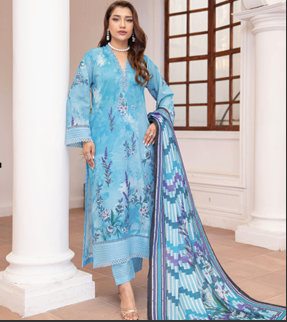 Turquoise Blue Chevron Print Unstitched 3-Piece Lawn Suit for Women - Image 4