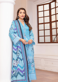 Turquoise Blue Chevron Print Unstitched 3-Piece Lawn Suit for Women - Image 2