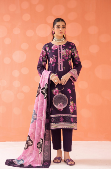 Plum purple floral unstitched lawn suit with pink butterfly print dupatt