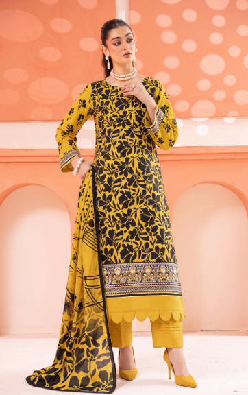 Mustard yellow unstitched suit with black floral silhouette print and scalloped hem – URAAN