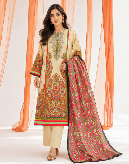 • Unstitched Pakistani suit featuring ajrak-style paisley print border