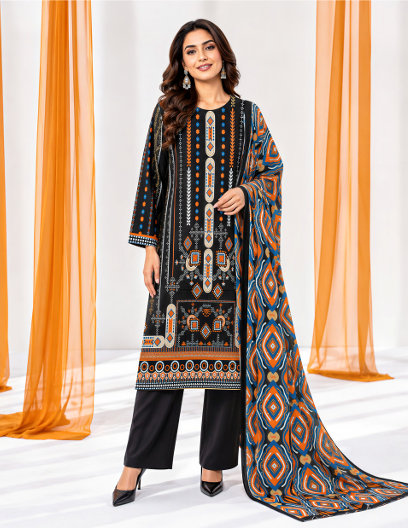 Black 3-Piece Suit with Orange-Teal Tribal Print & Ikat Dupatta