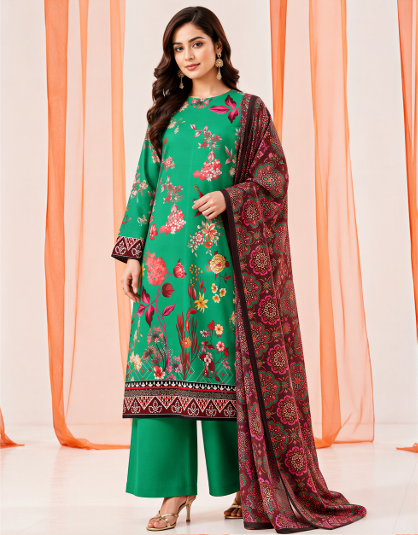 • Dark sea green 3-piece suit with floral print and maroon dupatta