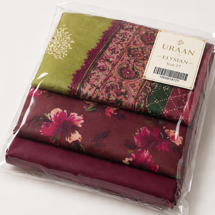 Maroon floral lawn 3-piece suit with embroidered sleeve border and olive dupatta