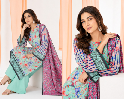 Frosty mint 3-piece suit with floral print and magenta dupatta