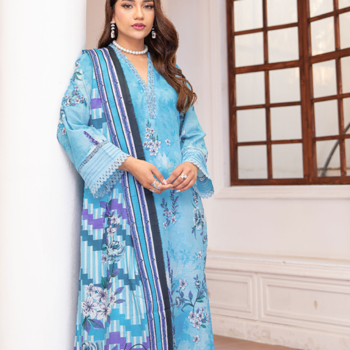 Turquoise Blue Chevron Print Unstitched 3-Piece Lawn Suit for Women