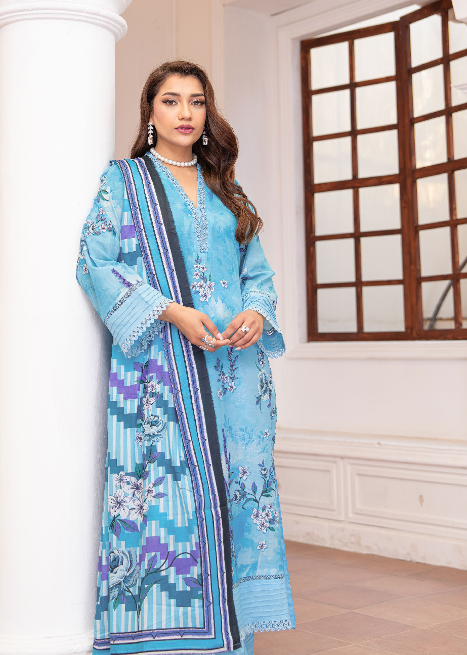 Turquoise Blue Chevron Print Unstitched 3-Piece Lawn Suit for Women